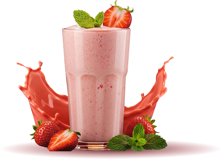 Ein Glas mit Erdbeershake, garniert mit Erdbeeren und Minze, umgeben von einem spritzenden Erdbeer-Mantel.