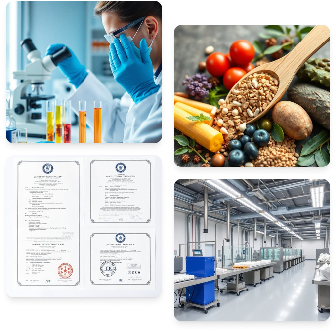 Laborumgebung mit Forscher, Nahrung, Zertifikaten und einer modernen Produktionsstätte.