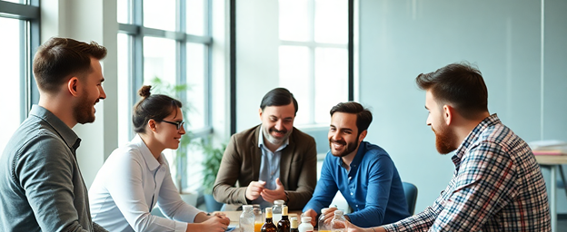 Fünf Personen sitzen an einem Tisch und diskutieren in einem hellen, modernen Raum mit großen Fenstern.