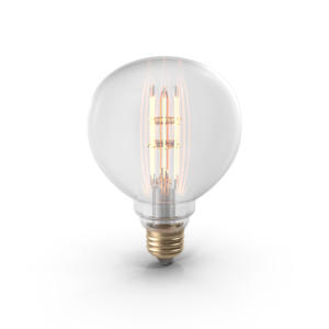 Glühbirne mit transparentem Gehäuse und sichtbaren Glühfäden, für dekorative Beleuchtung geeignet.