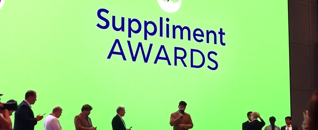 Bühne mit Personen vor einem großen grünen Bildschirm, auf dem "Suppliment AWARDS" steht.