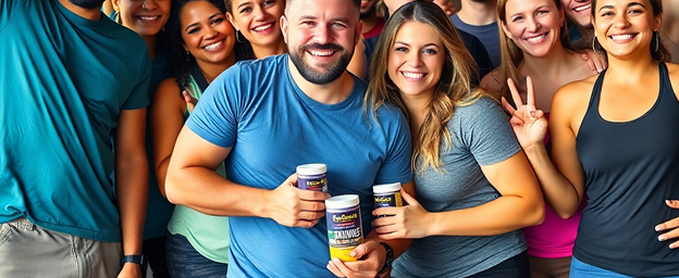 Gruppe von fröhlichen Menschen, die mehrere Behälter in Händen halten und zusammen posieren. Einladende und positive St...