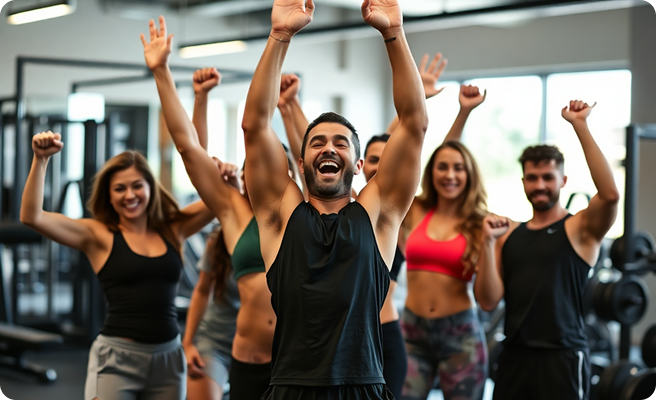 Eine Gruppe von sechs fröhlichen Menschen in Sportkleidung feiert motiviert in einem Fitnessstudio.