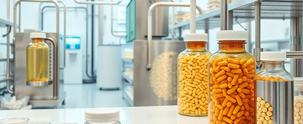 Räume einer Produktionsanlage mit Flaschen und Gläsern, die verschiedene Medikamente und Kapseln enthalten.