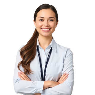 Junge Frau mit langen Haaren, lächelt und steht mit verschränkten Armen in einem hellblauen Hemd.