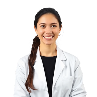 Lächelnde Frau in einem weißen Laborkittel, auf schwarzem Hintergrund, zeigt freundliche Haltung.