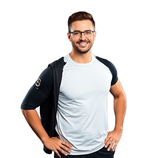 Junger Mann in Sportkleidung mit Brille, der lächelt und eine Hand in die Hüfte gestützt hat.