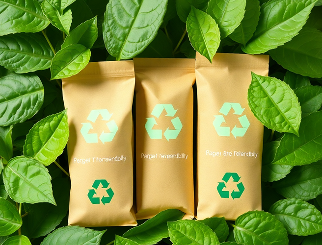 Drei umweltfreundliche Verpackungen mit Recycling-Symbol stehen auf grünen Blättern.