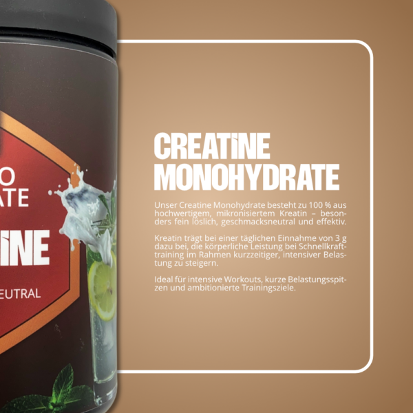 Produktverpackung für Creatin Monohydrat, beschreibt Vorteile und Anwendung für intensives Training.