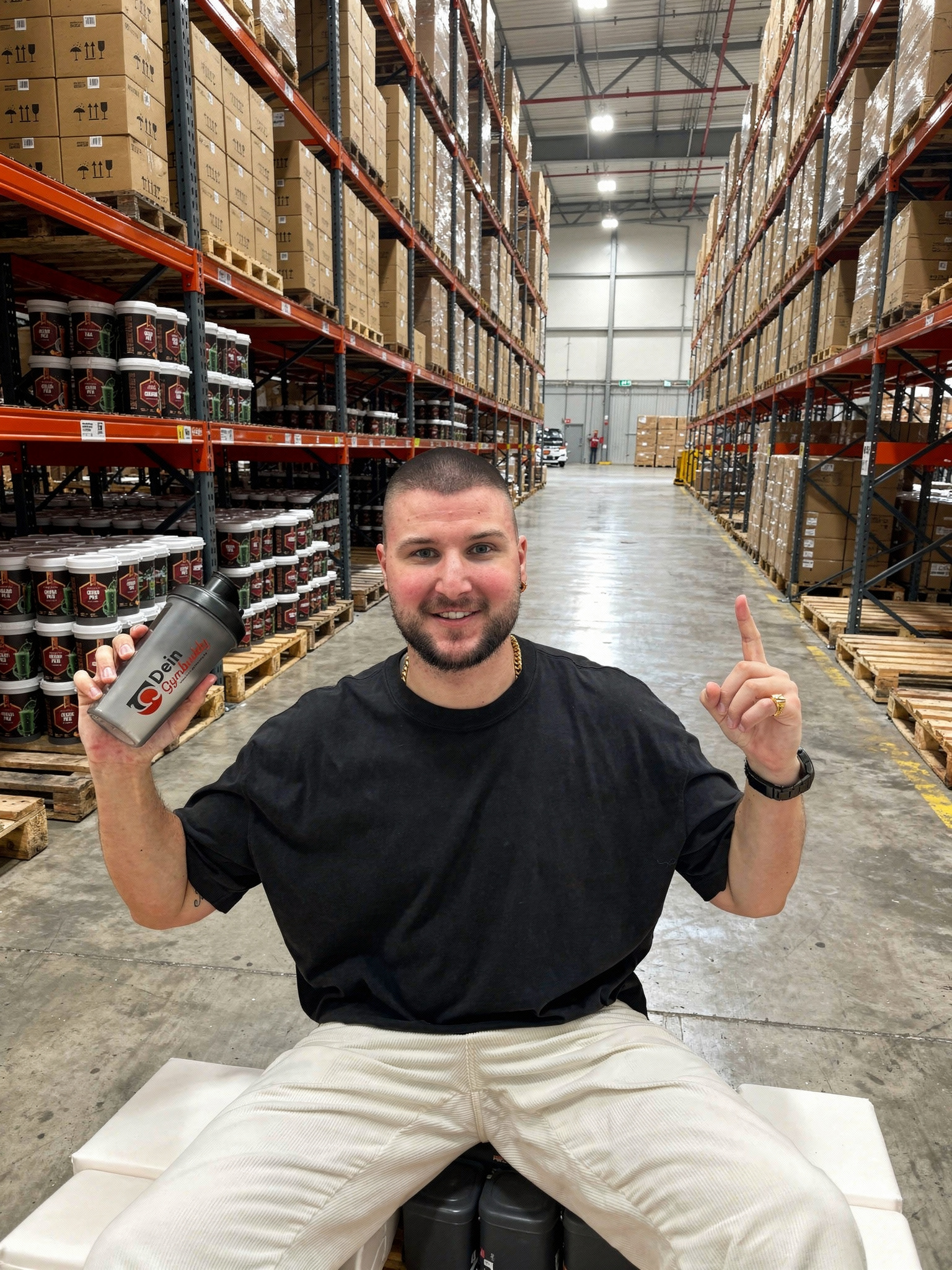 Mann in einem Lager zeigt auf eine Dose und lächelt, umgeben von Regalen voller Kartons und Containern.