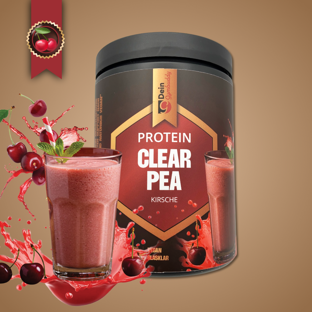 Proteinpulver "Clear Pea" in Kirschgeschmack steht neben einem Glas Kirsch-Smoothie mit Kirschspritzern im Hintergrund.