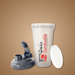 Shaker mit Schraubdeckel und Sieb, beschriftet mit "Dein Gymbuddy" auf einfarbigem Hintergrund.
