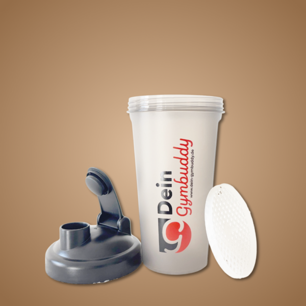 Shaker mit Schraubdeckel und Sieb, beschriftet mit "Dein Gymbuddy" auf einfarbigem Hintergrund.