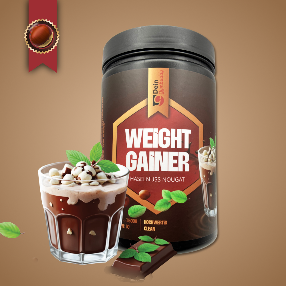 Dose mit "Weight Gainer" im Geschmack Haselnuss Nougat und ein Dessertglas mit Schokoladencreme und Minzblättern.
